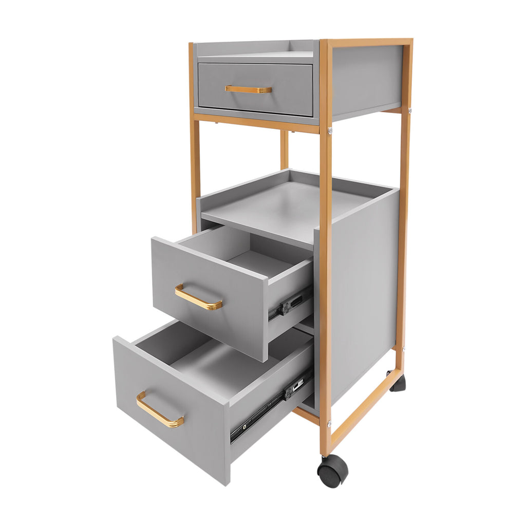 Mobile Salon Storage Cart with 3 Drawers and Hair Dryer Holder - Gold & Gray