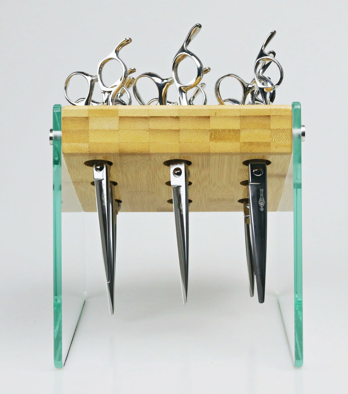 Salon Hair Shears Holder Bamboo Glass Organizer for Barber & Stylist Stations