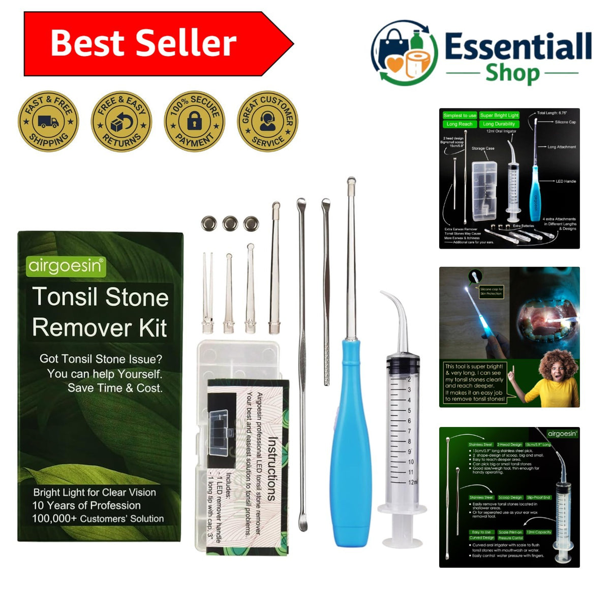 Portable LED Tonsil Stone Remover Tool with Oral Rinse & Case