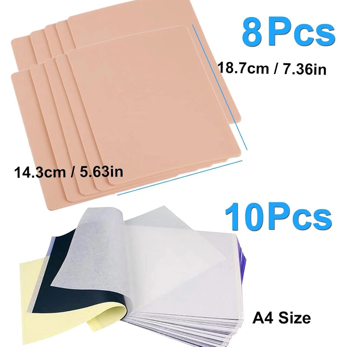 Tattoo Practice Skin Kit 8Pcs 3mm Fake Skin + 10Pcs Transfer Paper Stencil Pack