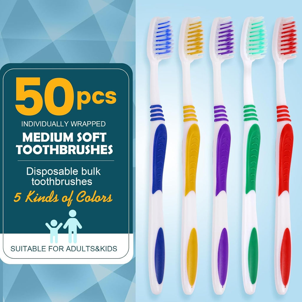Bulk Pack of 50 Disposable Soft Bristle Toothbrushes for Travel & Hygiene
