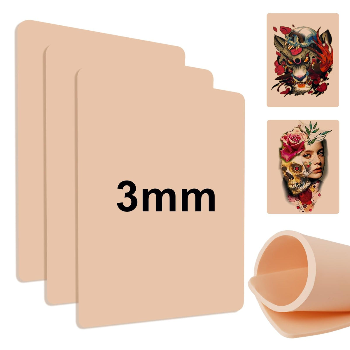 3 Pack 3mm Tattoo Practice Skin - Double-Sided Silicone Flesh Sheet