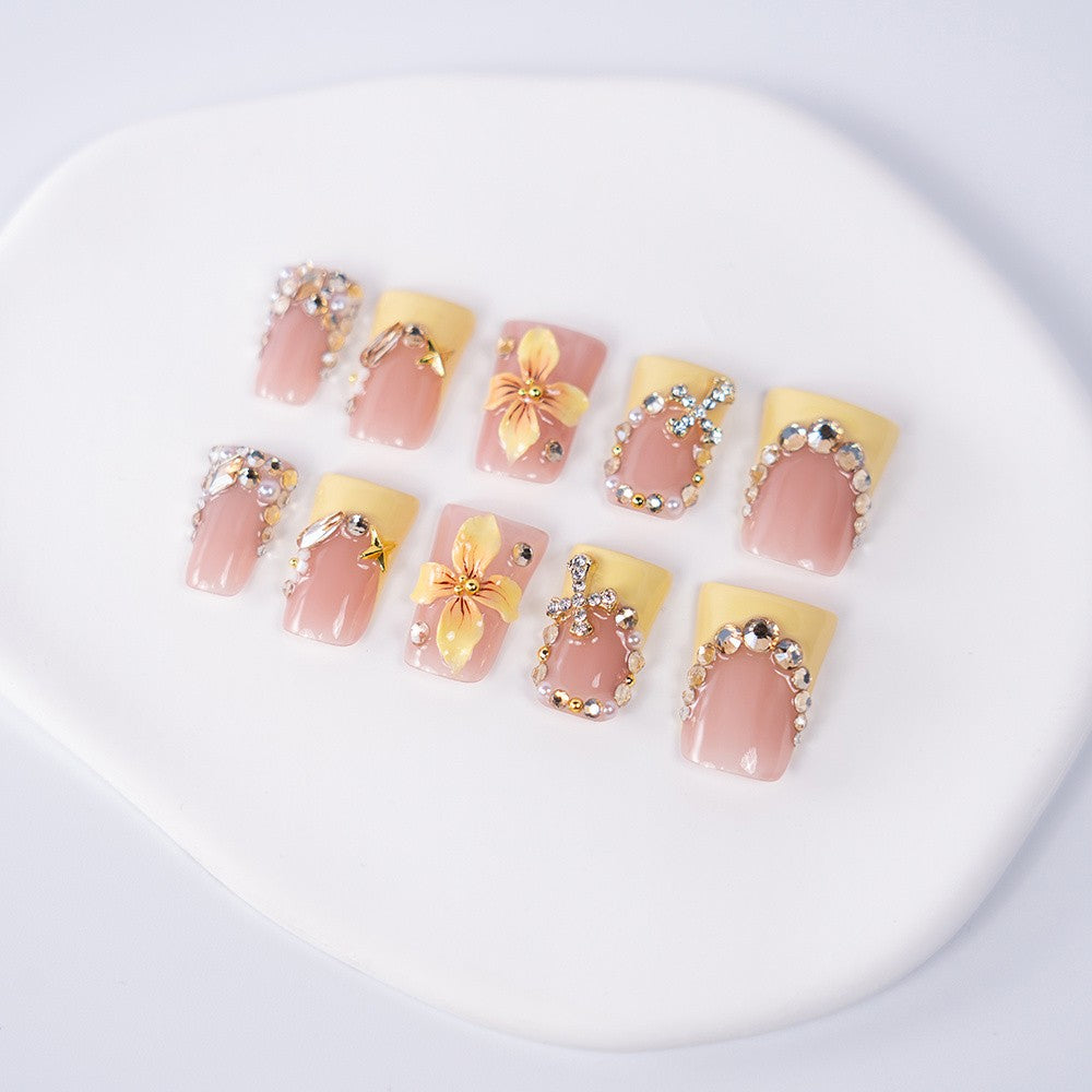 10pcs Vibrant Peach Yellow Square Nail Art Set with 3D Flower Beads - Garden Party Style