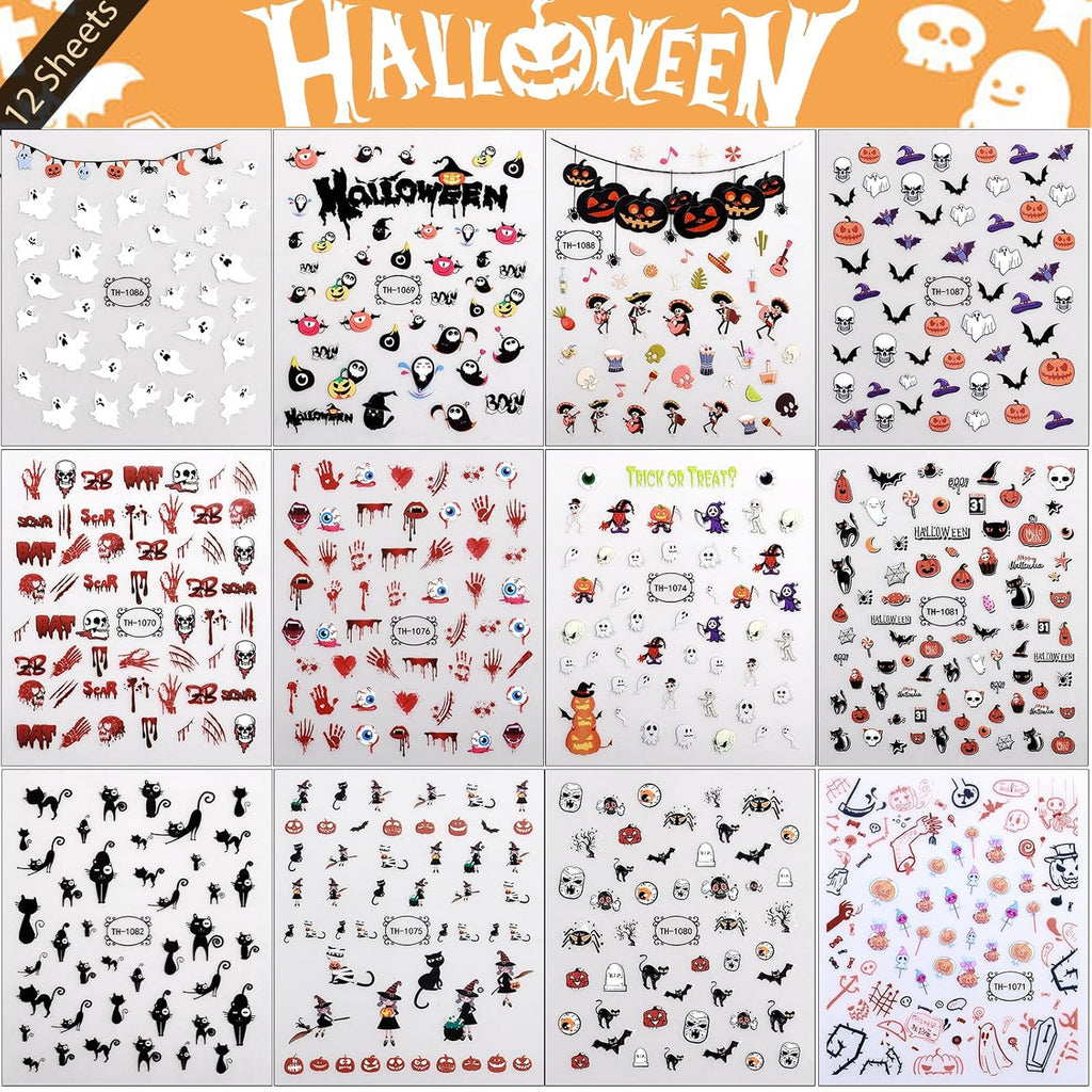 Glow in the Dark Halloween Nail Art Stickers - 12 Sheets Pumpkin Ghost