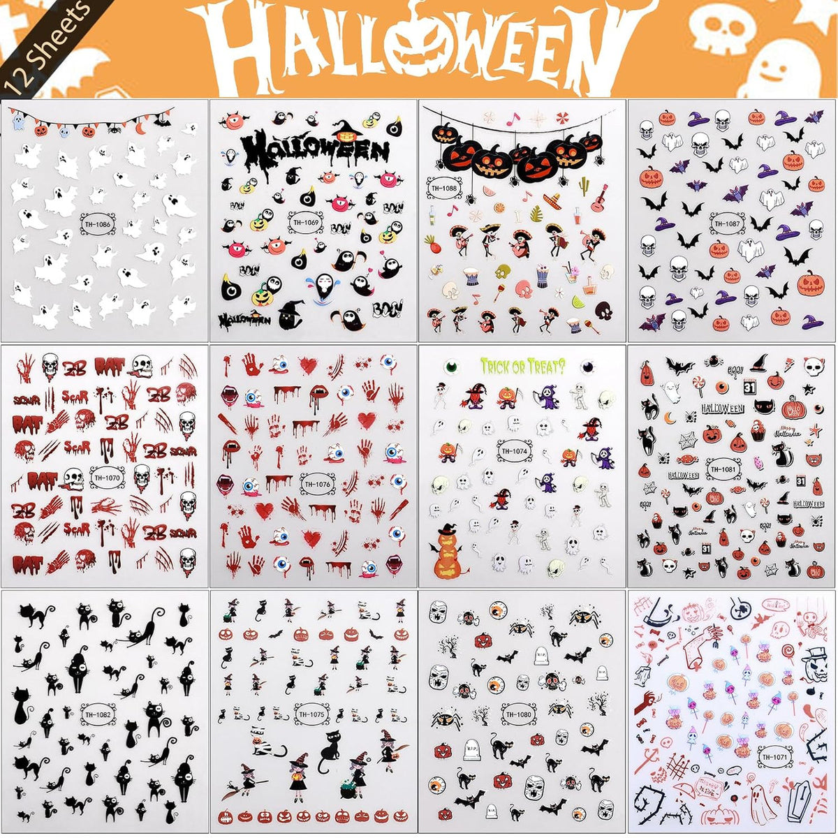 Glow in the Dark Halloween Nail Art Stickers - 12 Sheets Pumpkin Ghost