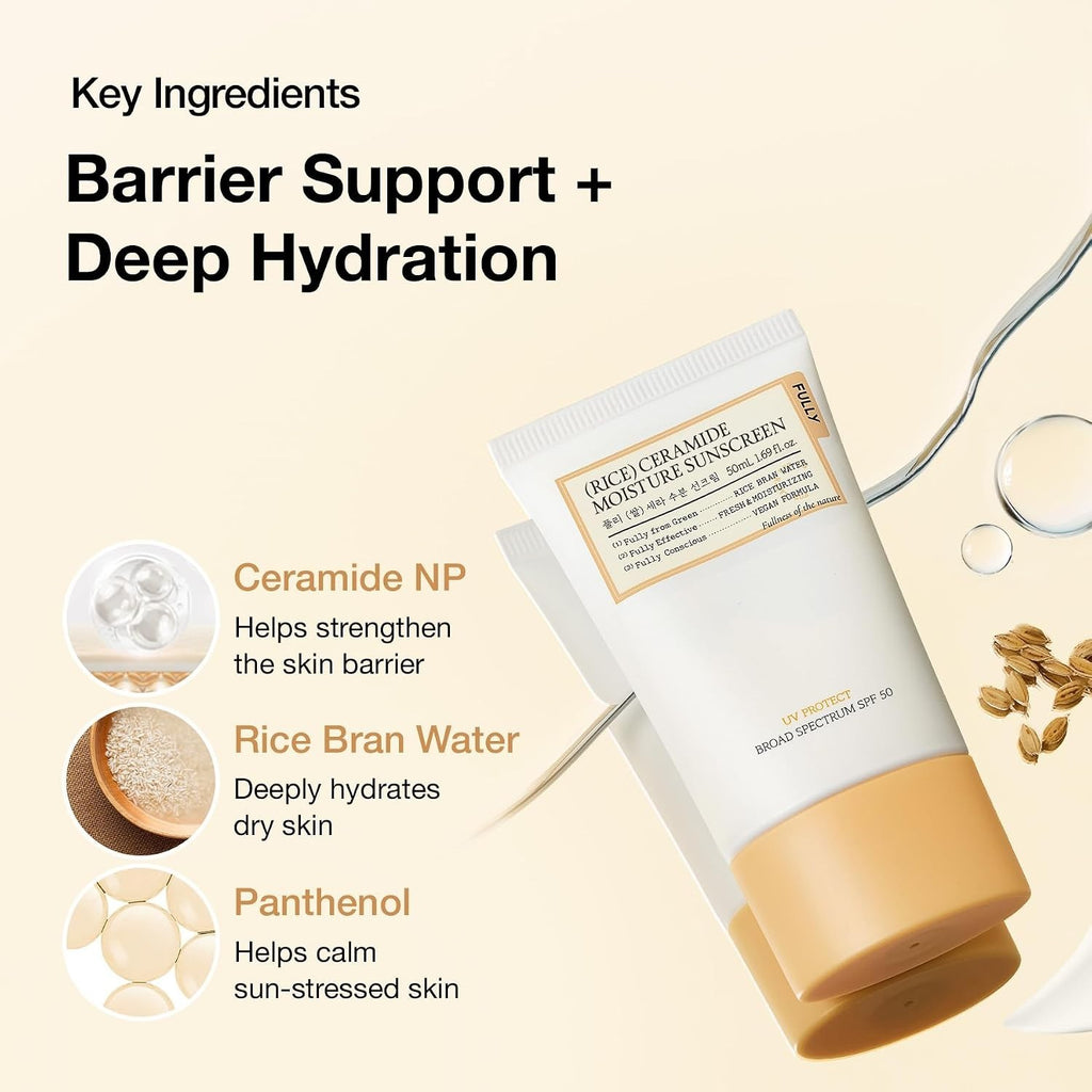 Korean SPF 50 Rice Ceramide Sunscreen for All Skin Types - Hydrating, No White Cast, Lightweight