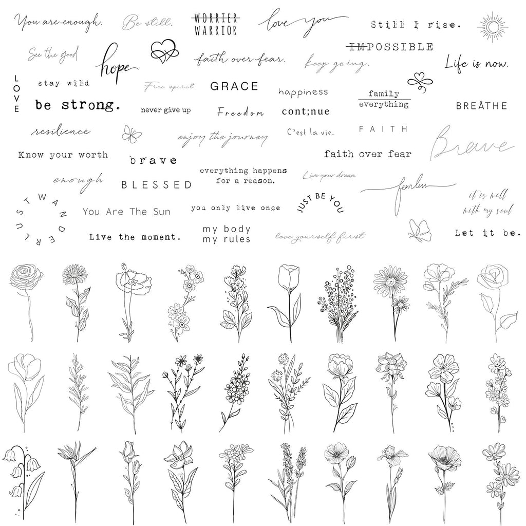 Realistic Temporary Tattoos Set - 60 Sheets, 30 Quotes & 30 Floral Designs, Water-Resistant & Long-Lasting