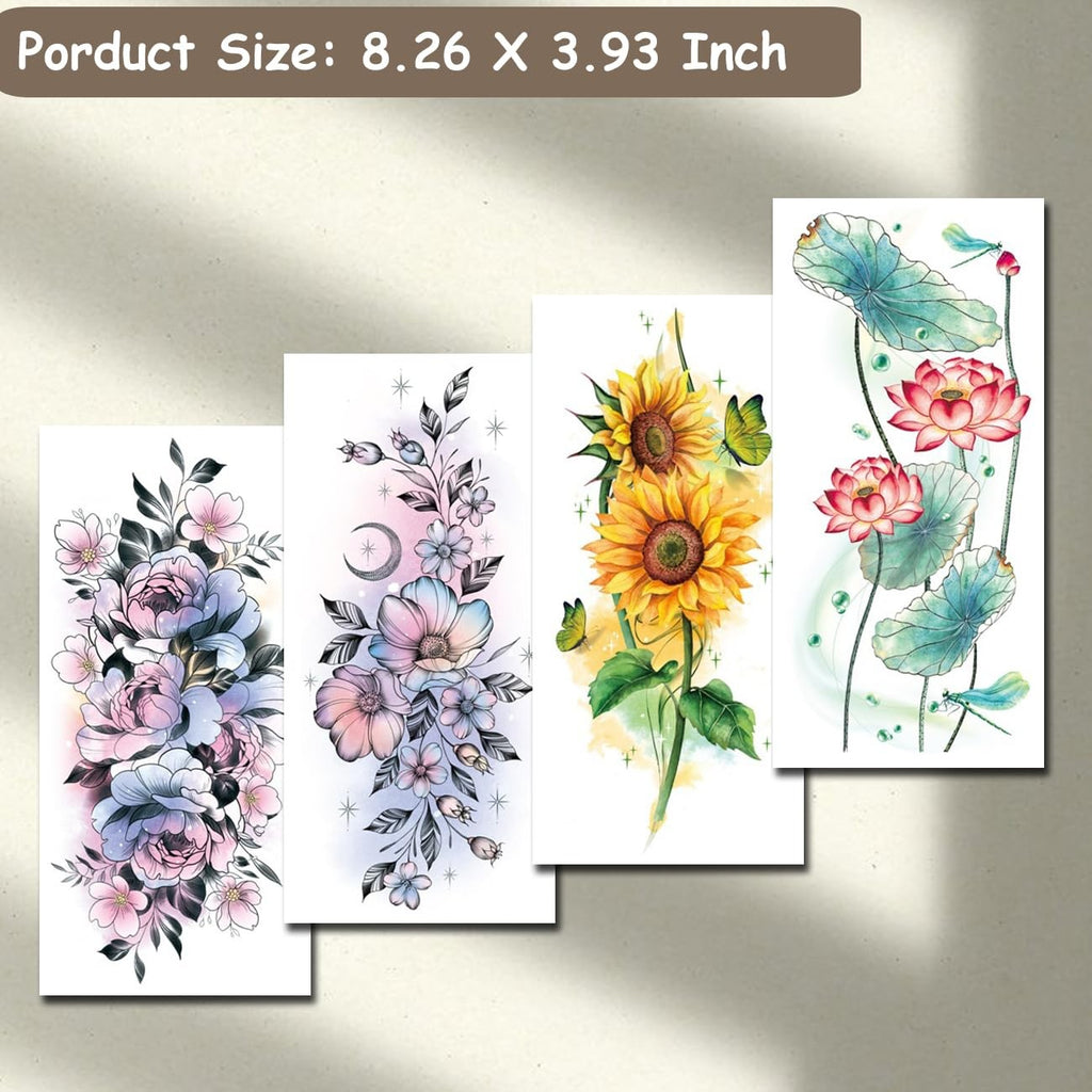 Watercolor Flower Temporary Tattoos for Women & Girls - 10 Large Sheets