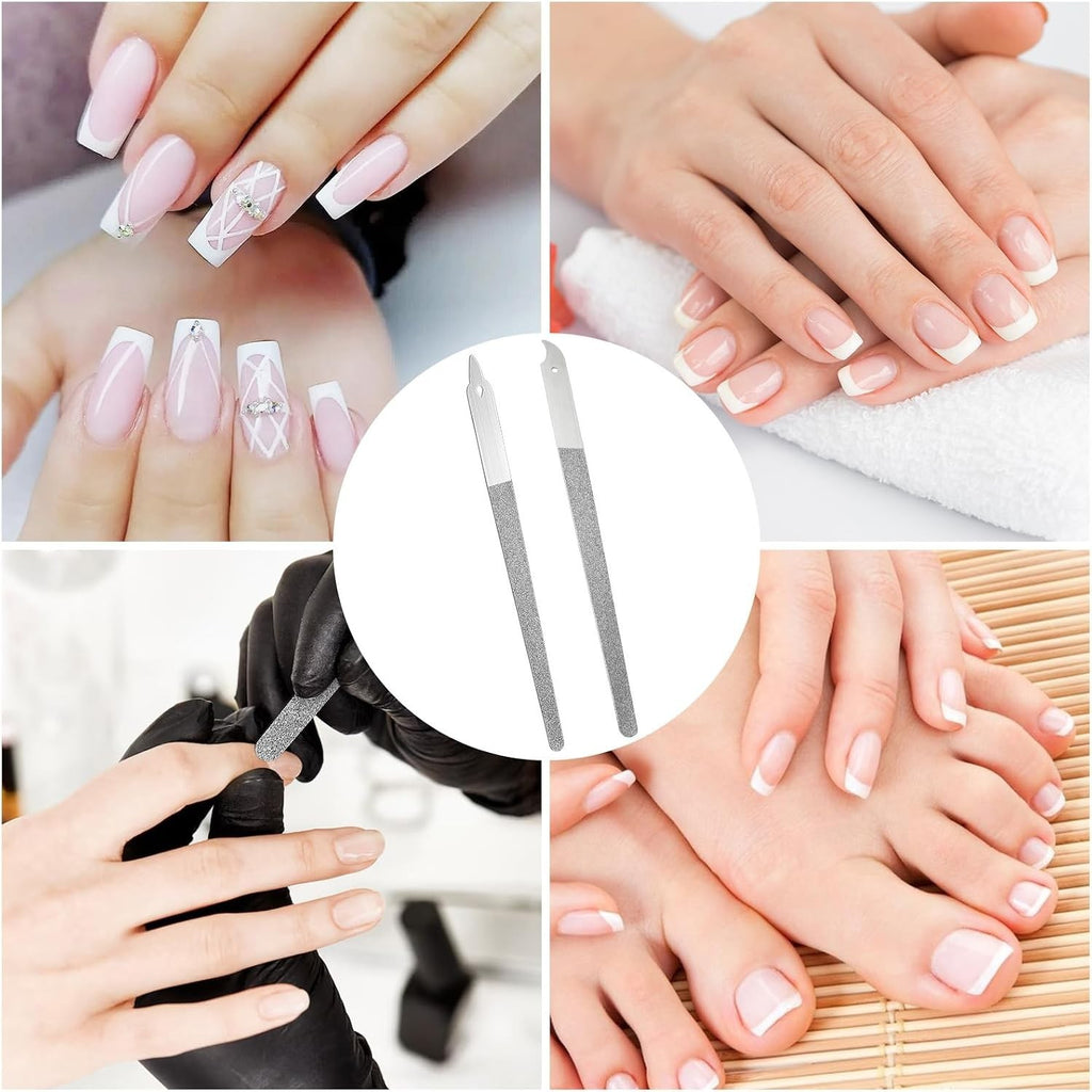 6Pcs Stainless Steel Nail Files Set with Sharp Pointed Tips - Diamond Dust Double-Sided Manicure Tools