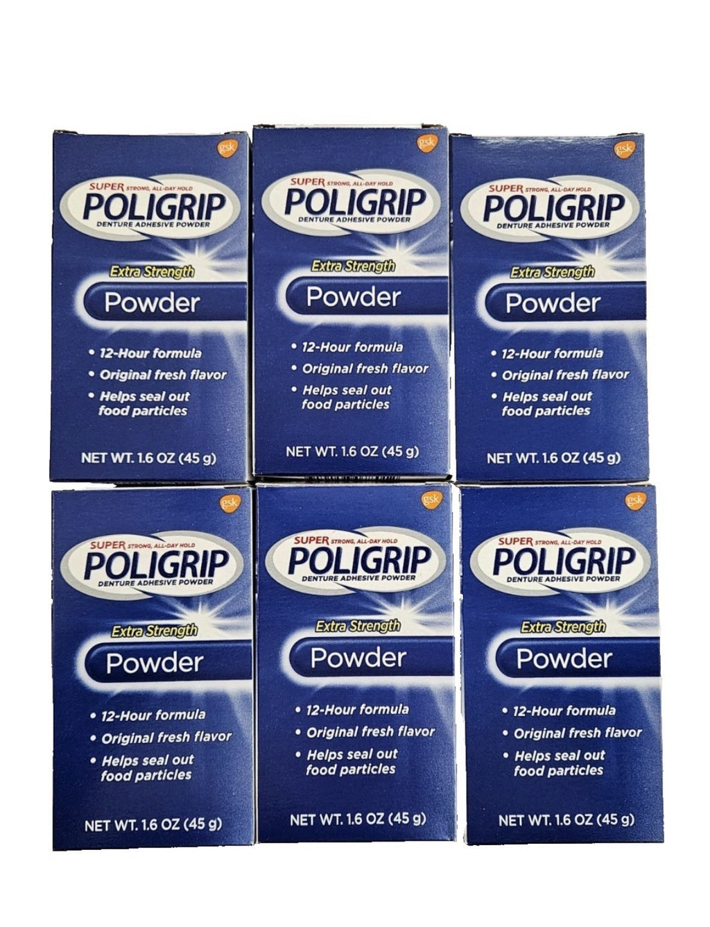 Poligrip Denture Adhesive Powder 12-Hour Hold - 1.6oz, Pack of 6