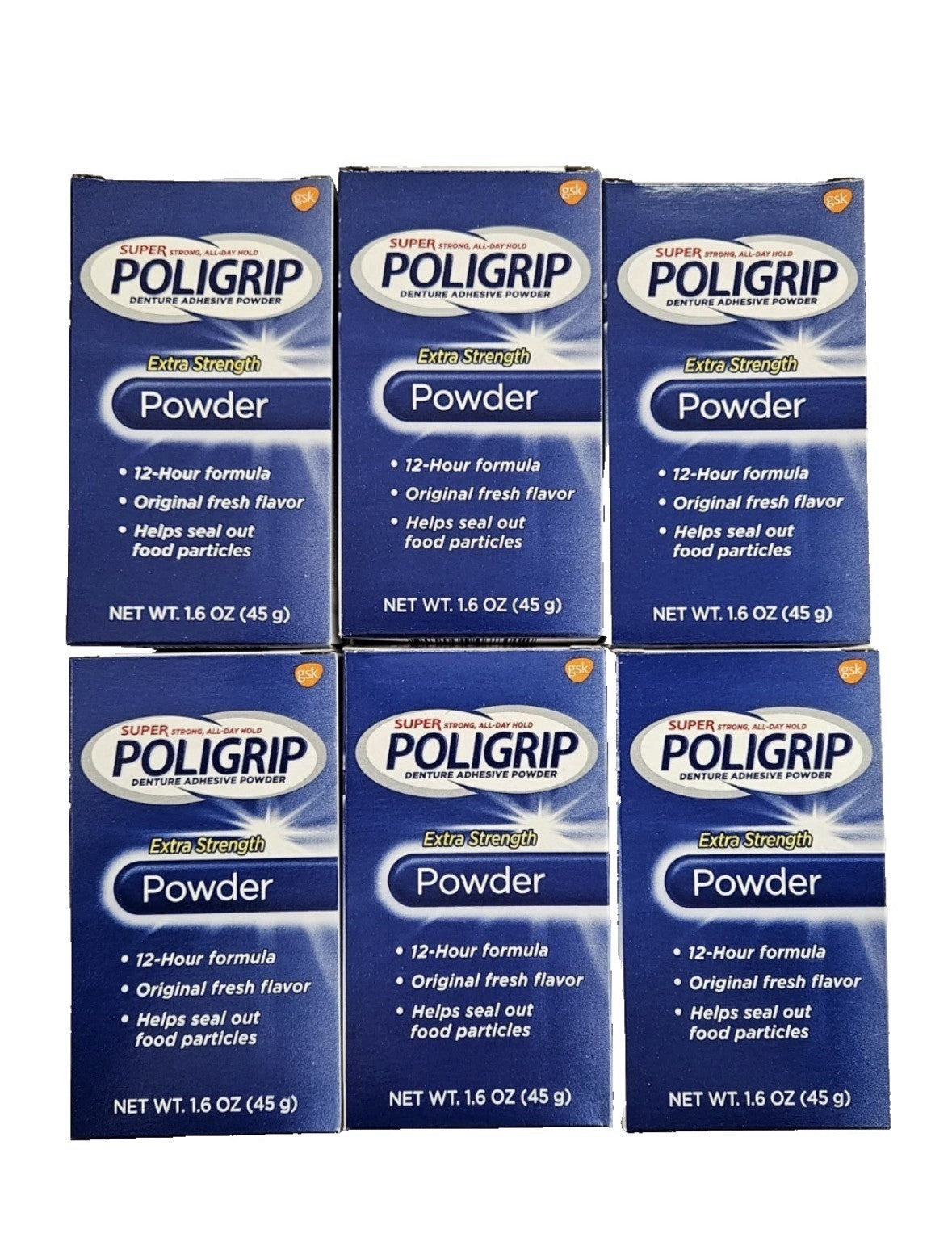 Poligrip Denture Adhesive Powder 12-Hour Hold - 1.6oz, Pack of 6