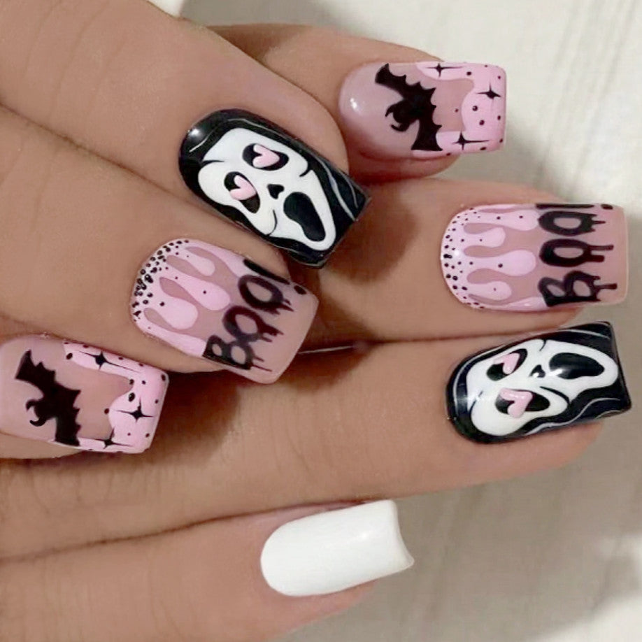 Ghostface Full Cover Nail Tips Set - Medium Length Halloween Press-On Nails with Glue