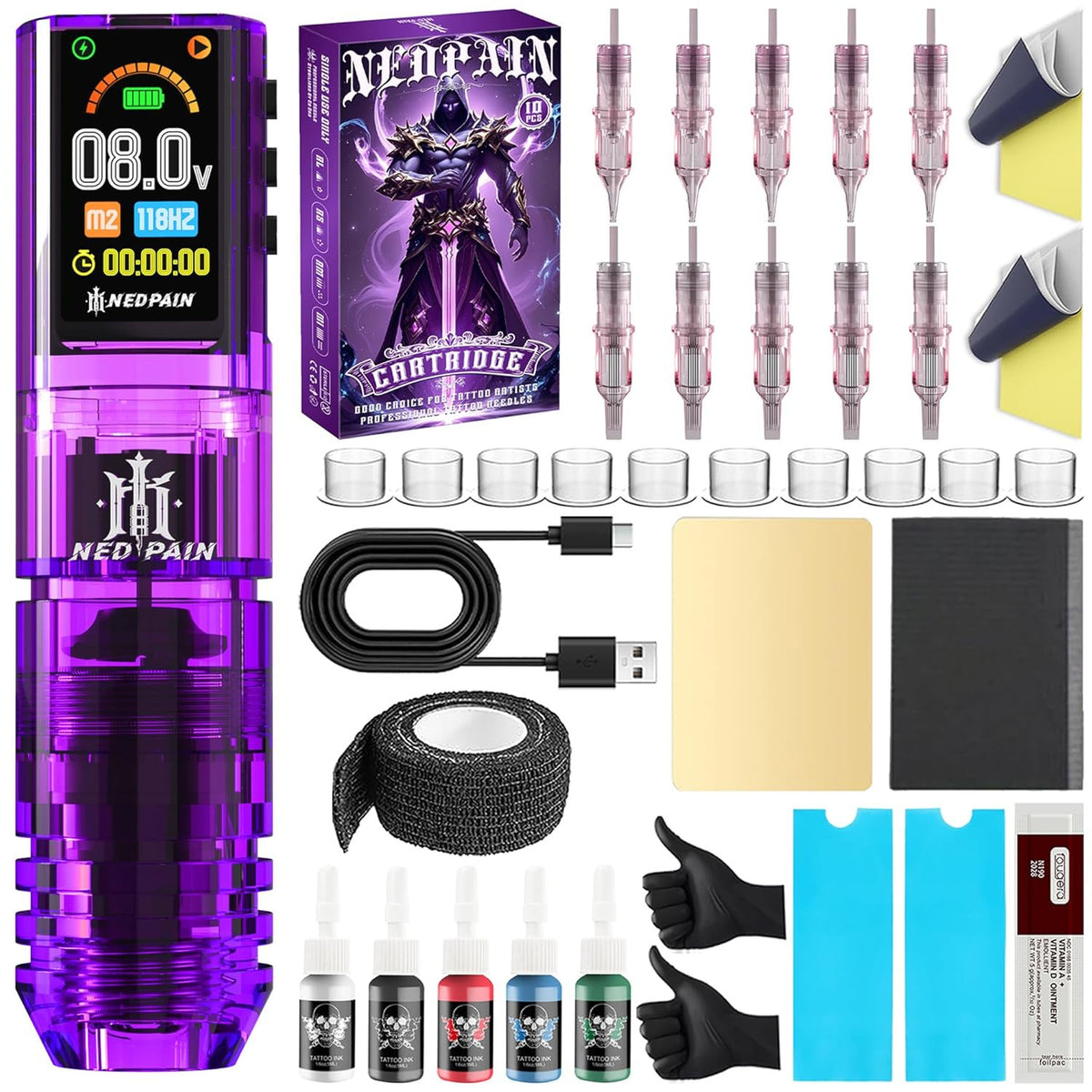 Rotary Wireless Tattoo Machine Pen Set with 1.47in OLED, 10V, 1600mAh, 10,000 RPM