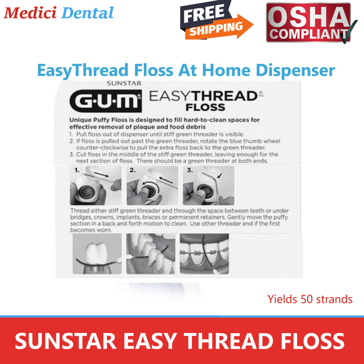 Dental Floss for Braces and Implants - GUM EasyThread Orthodontic Threader, 50 Strands