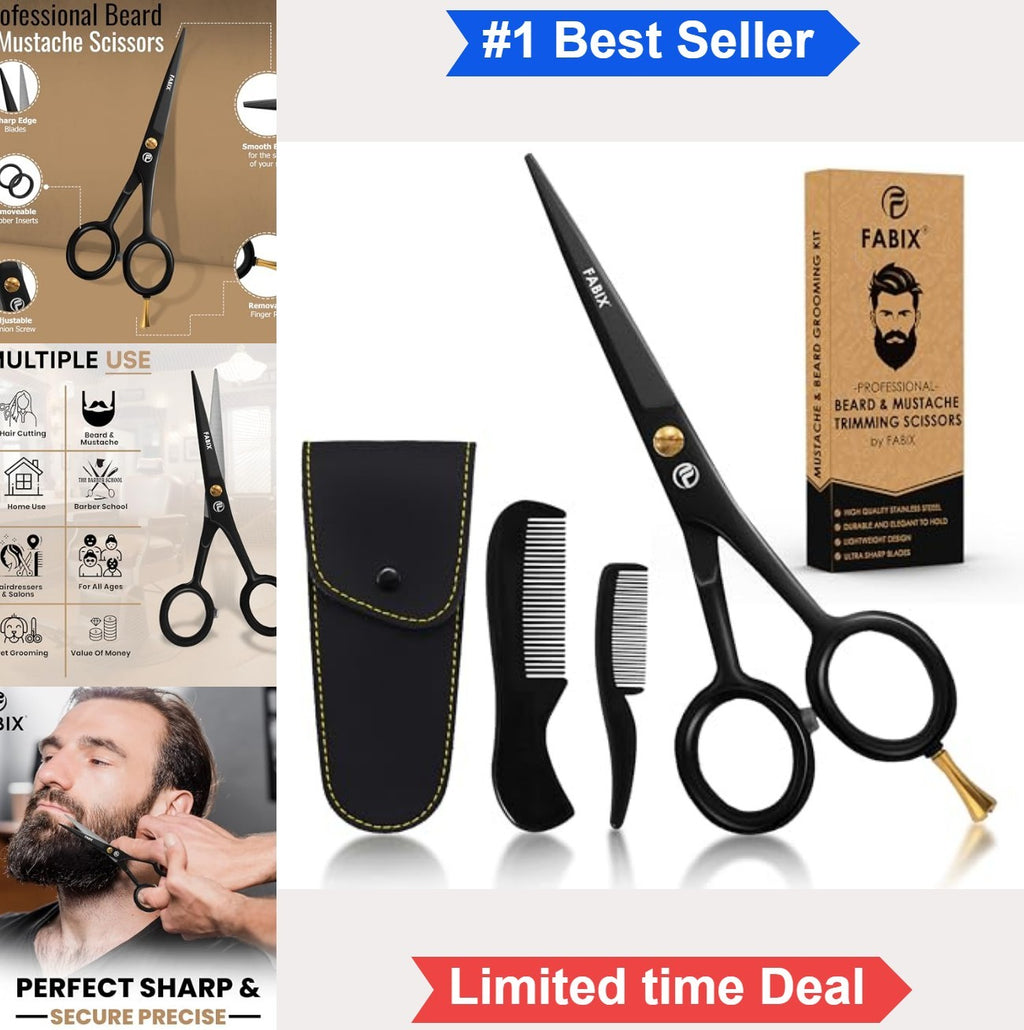 Men's Beard & Mustache Grooming Kit with 5 Inch German Steel Scissors and Travel Pouch