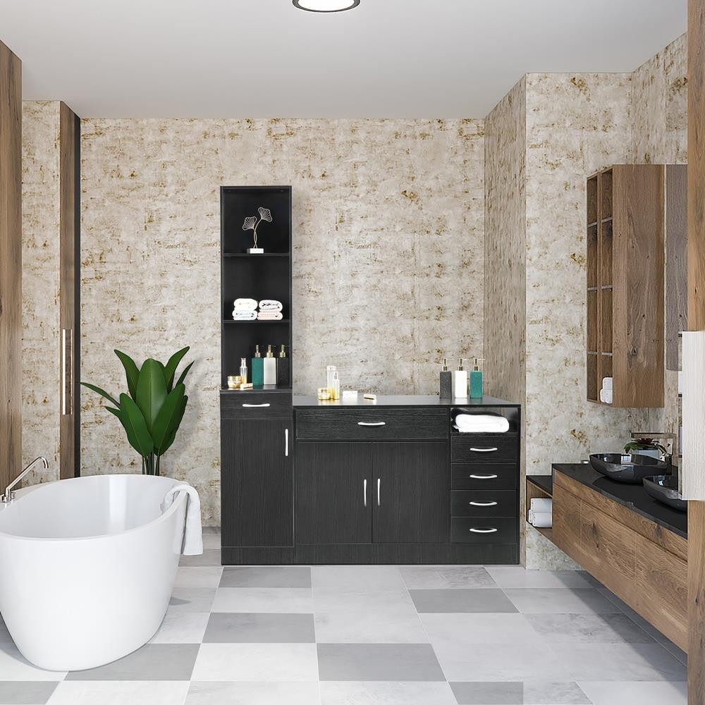Salon Hair Styling Station Cabinet with Storage Shelves and Lockable Drawers