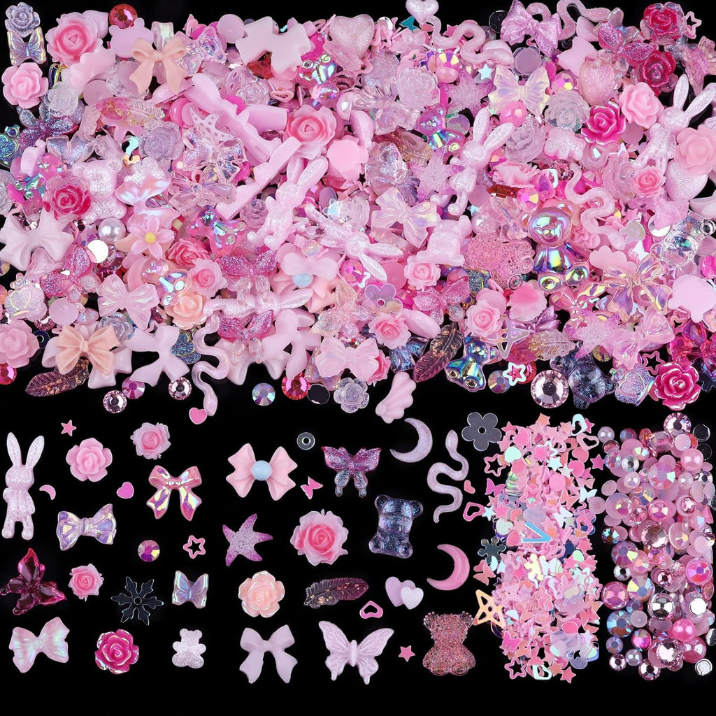 300pcs Nail Art Charms Kit with Resin Gems & Pink Decorations for Manicure