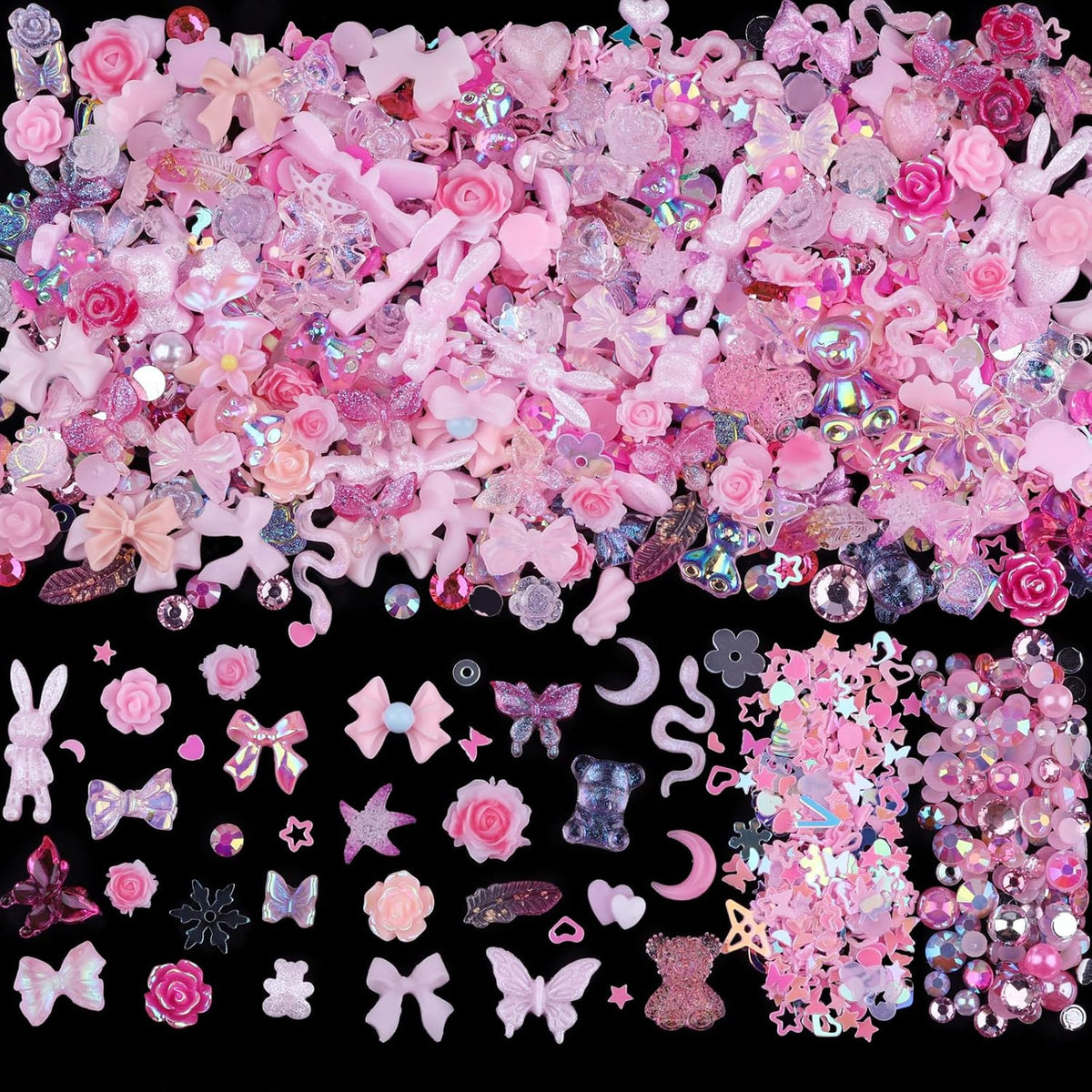 300pcs Nail Art Charms Kit with Resin Gems & Pink Decorations for Manicure