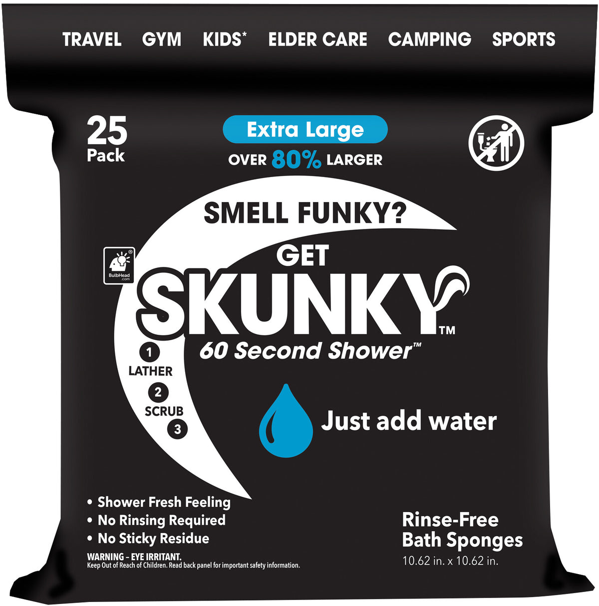 No Rinse Bathing Wipes - Large 25 Count, Convenient Quick-Use Personal Hygiene