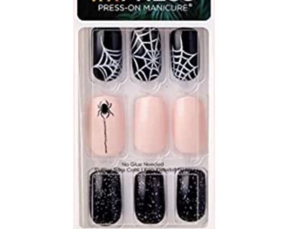 Press On Manicure Nails Full Moon Spider Web Design Medium Length No Glue Needed
