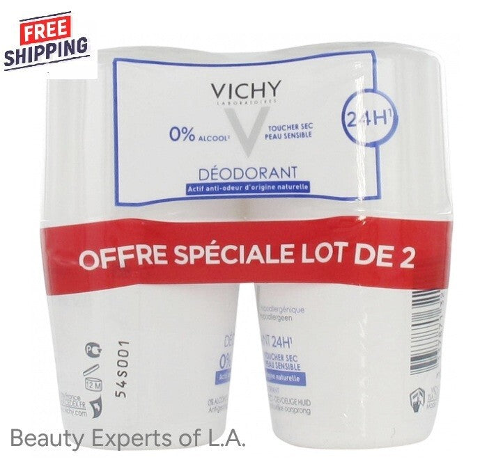 Vichy 24HR Deodorant Roll-On for Sensitive Skin - 2 Pack 50ml