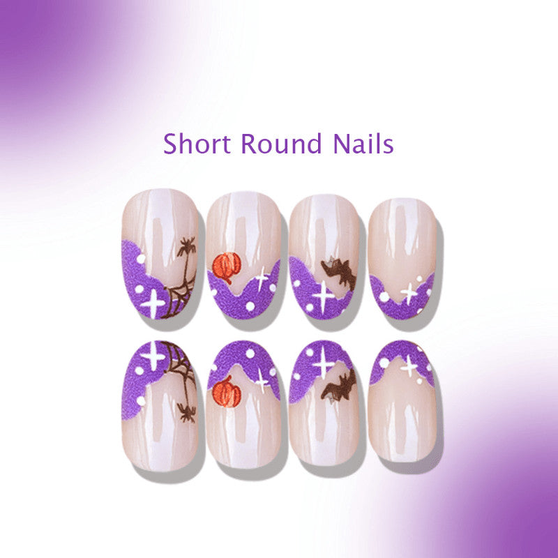 48pcs Short Oval Press-On Nails for French Pumpkin Spider Bat Nail Art