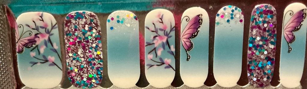 Color Nail Polish Strips 16 Pack - Spring Wings Design, Easy Manicure