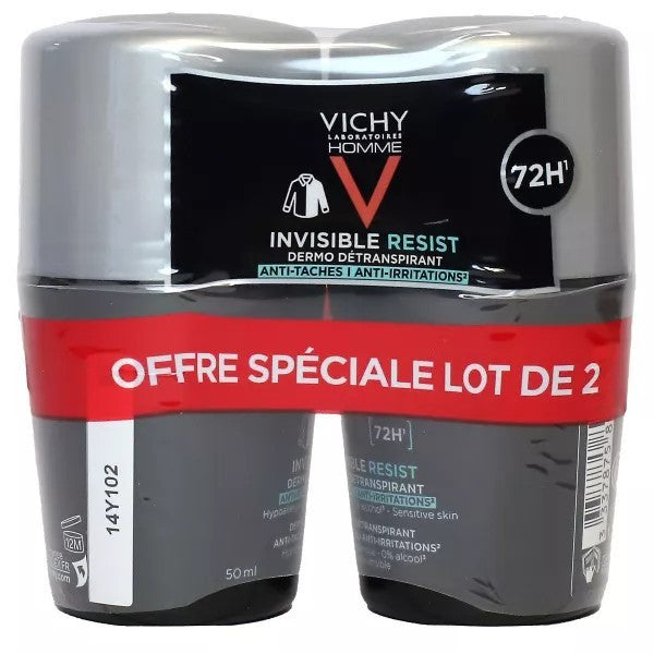 Vichy Homme Invisible Resist 72h Deodorant Roll-On Pack of 2 - Anti-Stain, Hypoallergenic