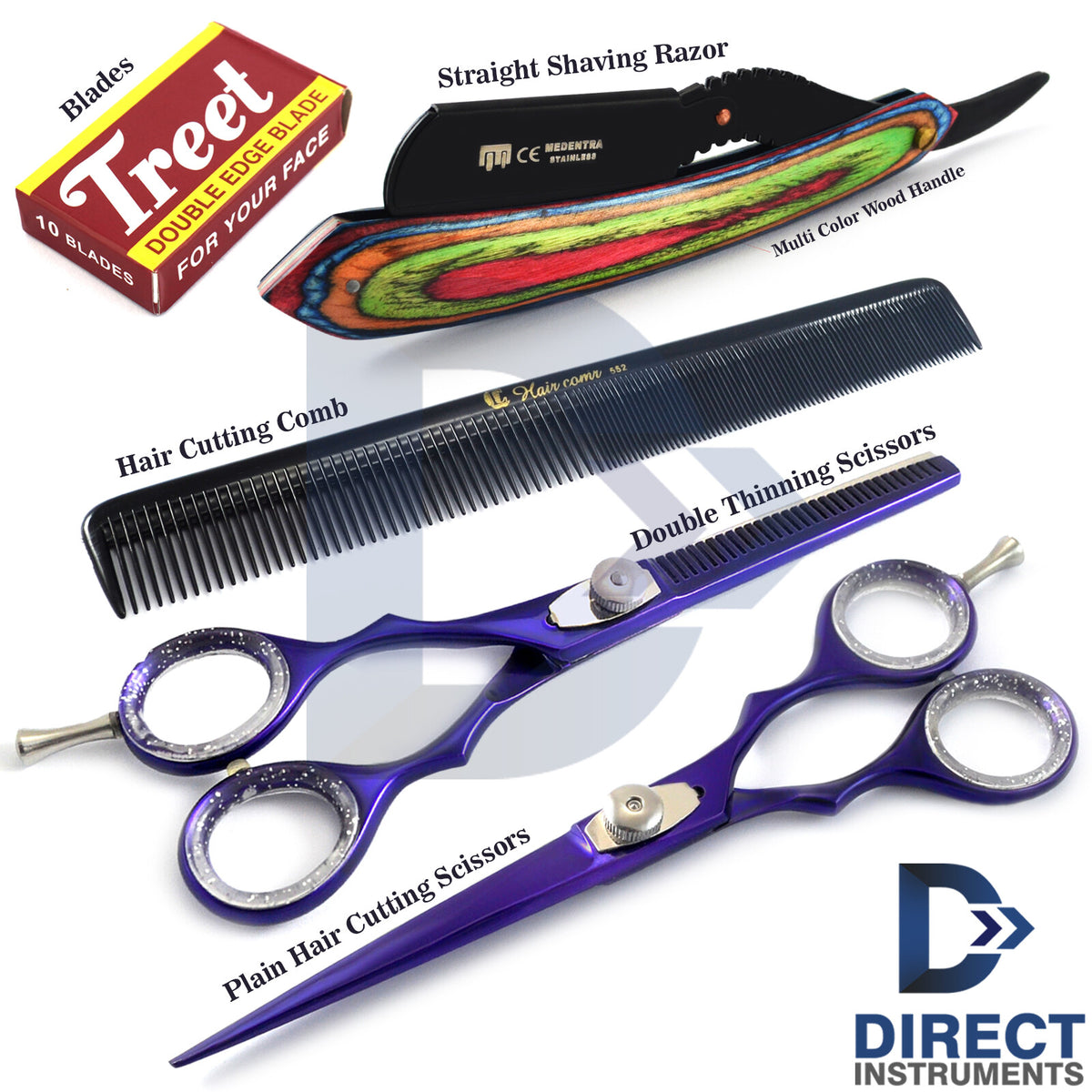 Hairdressing Scissors Thinning Set with Straight Razor & Comb