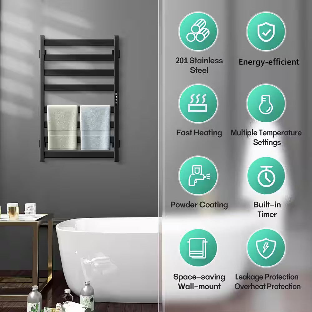 Electric Wall-Mounted Towel Warmer with 8 Bars - Black, Plug-In & Hardwired