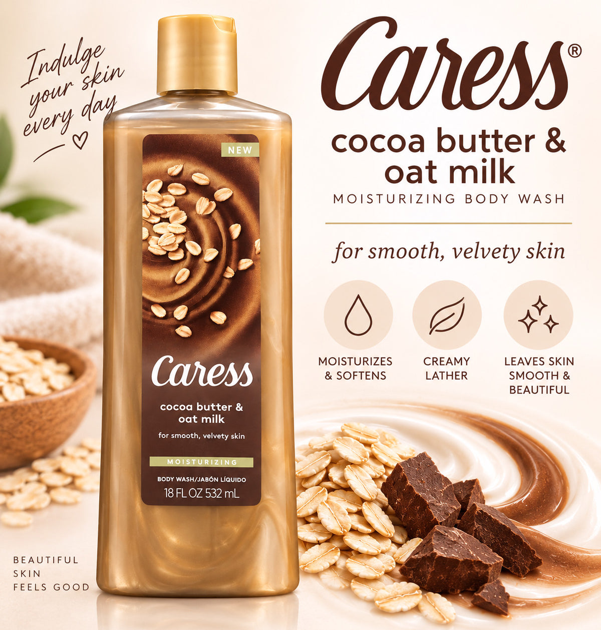 Moisturizing Body Wash with Cocoa Butter & Oat Milk 18 oz - Soft & Smooth Skin