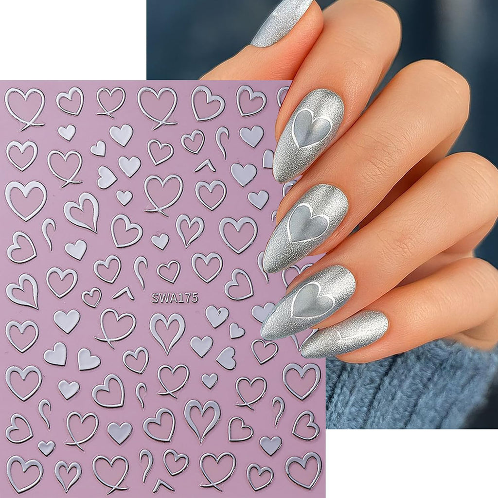 Heart Nail Stickers for Nail Art, 6 Sheets Valentine 3D Self-Adhesive Decals