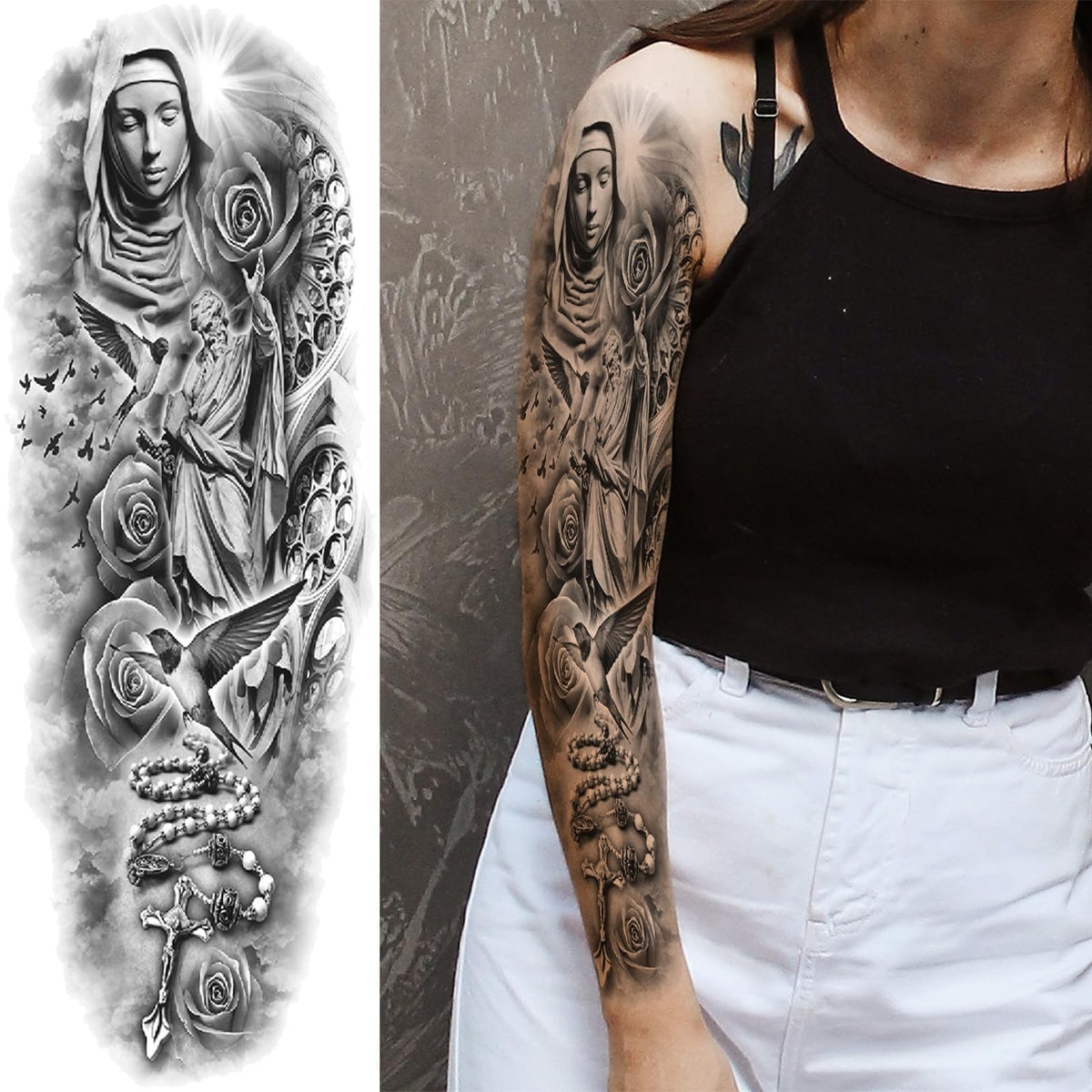 Christian Cross Temporary Tattoo Sleeve for Men – 4-Sheet Full Arm Religious Tattoo Kit