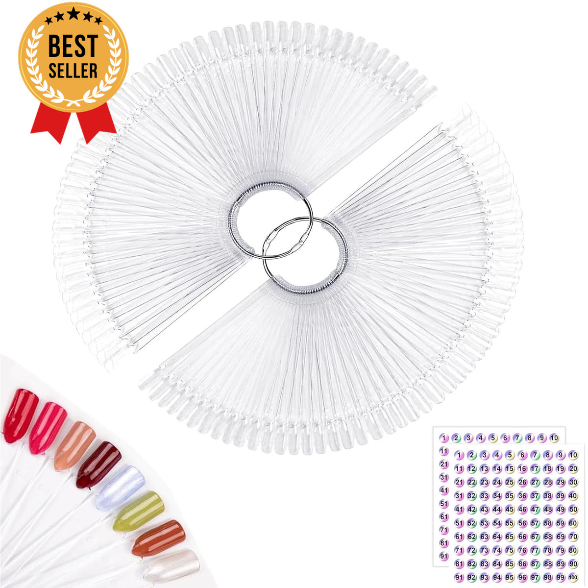 Nail Swatch Sticks Fan Shaped with Ring - 100 Clear Nail Tips for Display & Practice