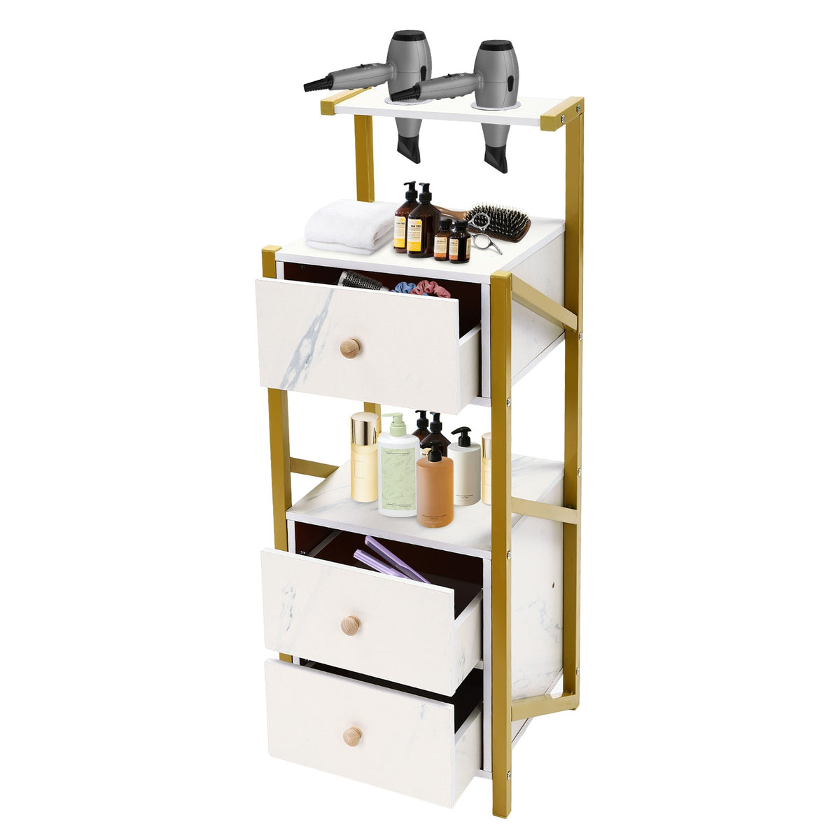 Salon Storage Cabinet with 3 Drawers and Hair Dryer Holders - Floor Standing
