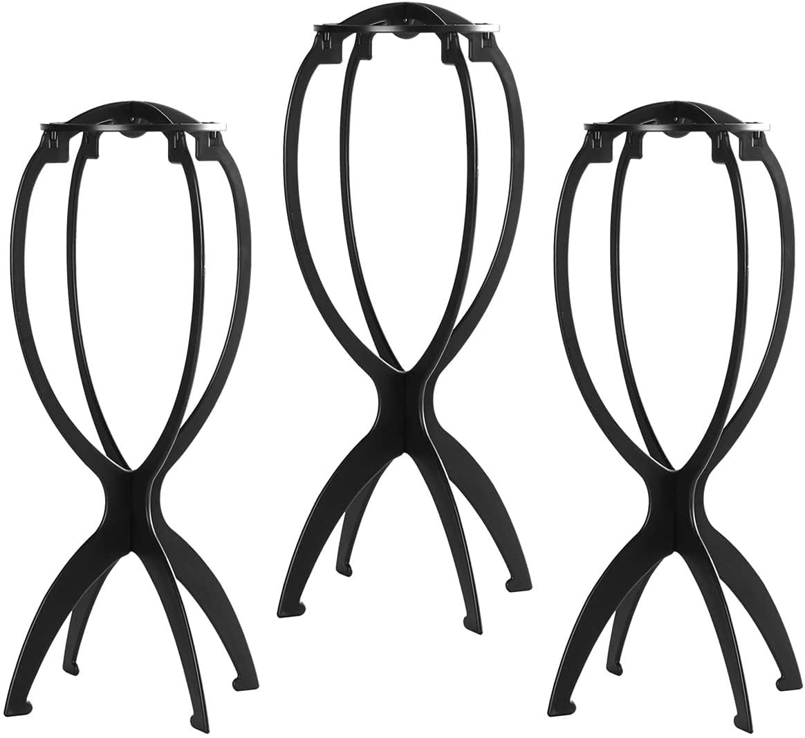 Wig Stand 3 Pack - Collapsible Black Wig Holders for Short Wigs & Travel
