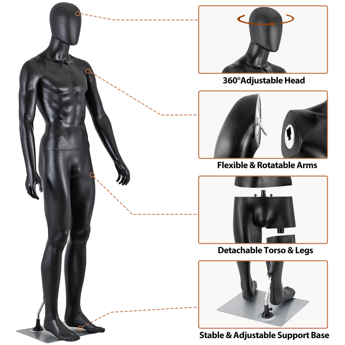 Full Body Adjustable Male Mannequin Stand 73 Inch Black for Fashion Display