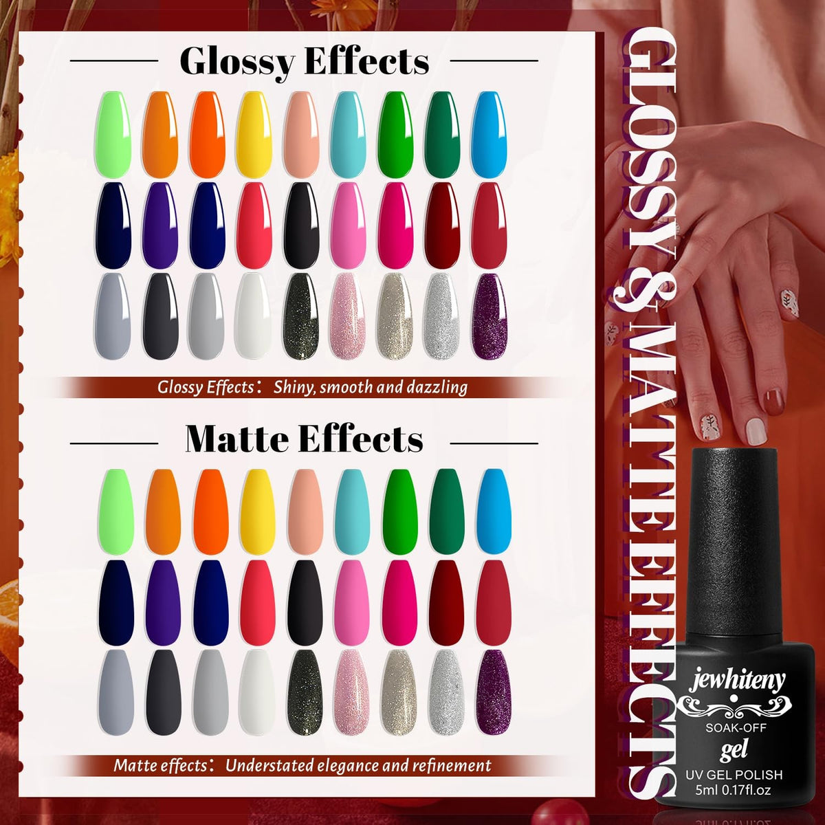 Gel Nail Polish Kit with 27 Colors, Matte & Glossy Top Coats, Base Coat Set