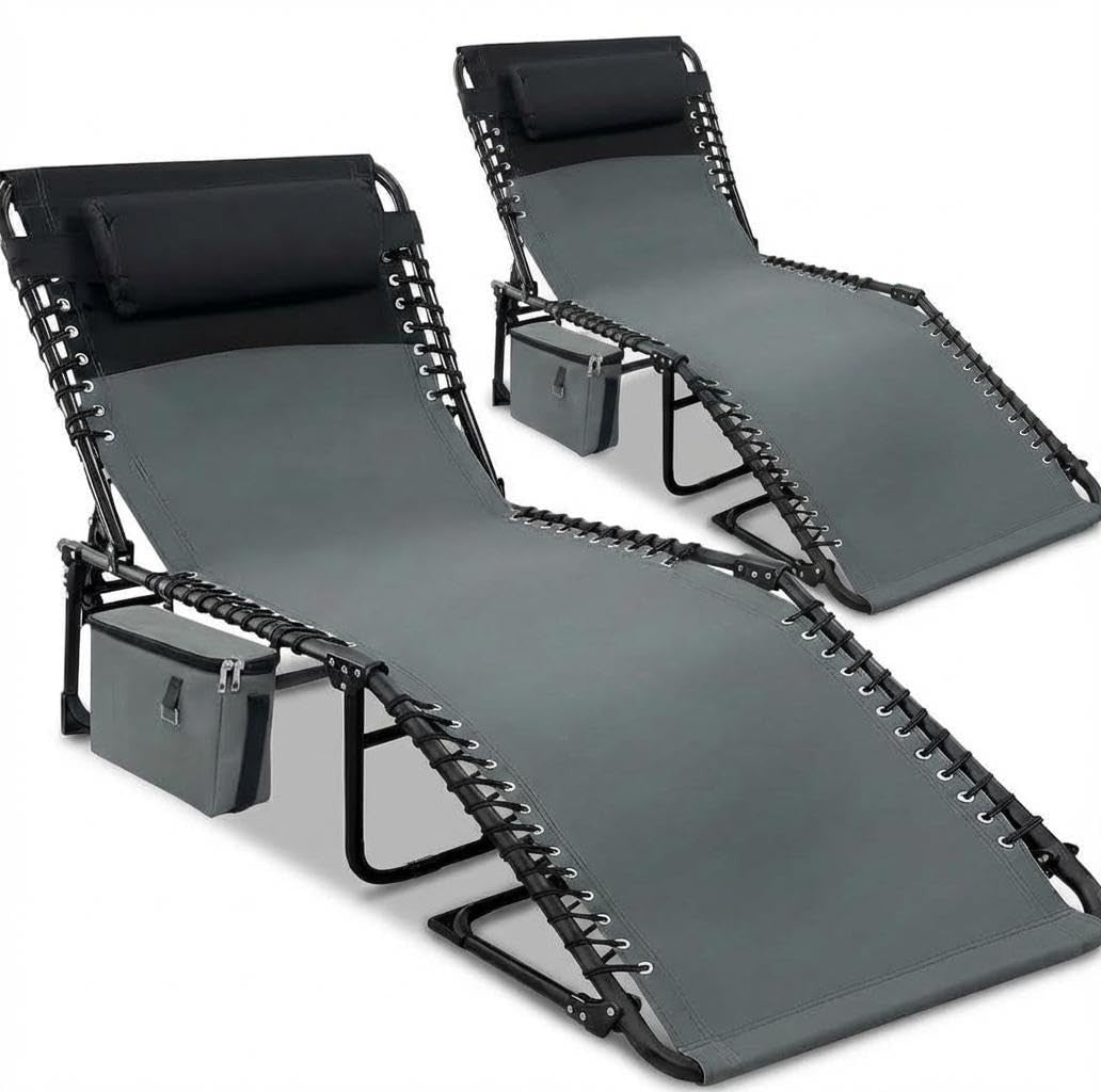 Outdoor Chaise Lounge Chairs with Adjustable Backrest & Side Pocket - Foldable, Heavy Duty Steel Frame