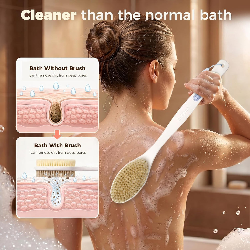 Long Handle Back Scrubber with Dual Bristles Anti-Slip Shower Brush