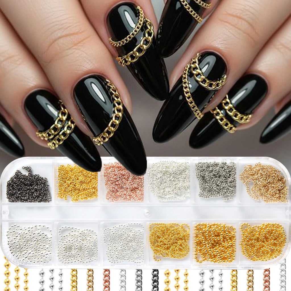 3D Metal Nail Art Chains Gold Silver Nail Decoration Jewelry Set
