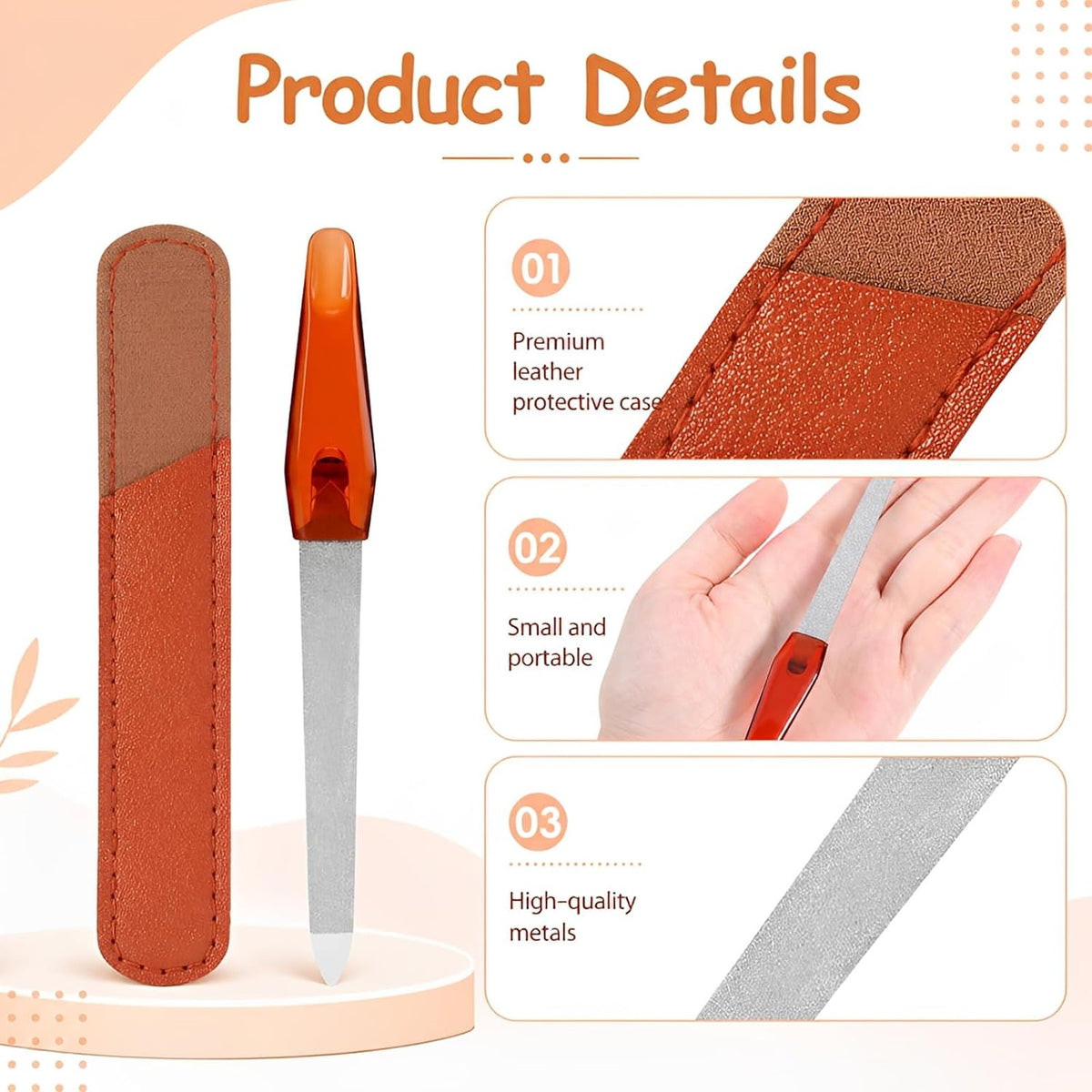 Metal Nail File Set with Sharp Pointed Tips & Leather Sheath Case - 3 Pack, 5 Inch