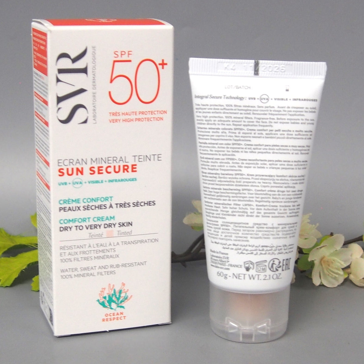 SPF 50 Tinted Mineral Sunscreen for Dry Skin - Velvety Finish, Water-Resistant, 60g