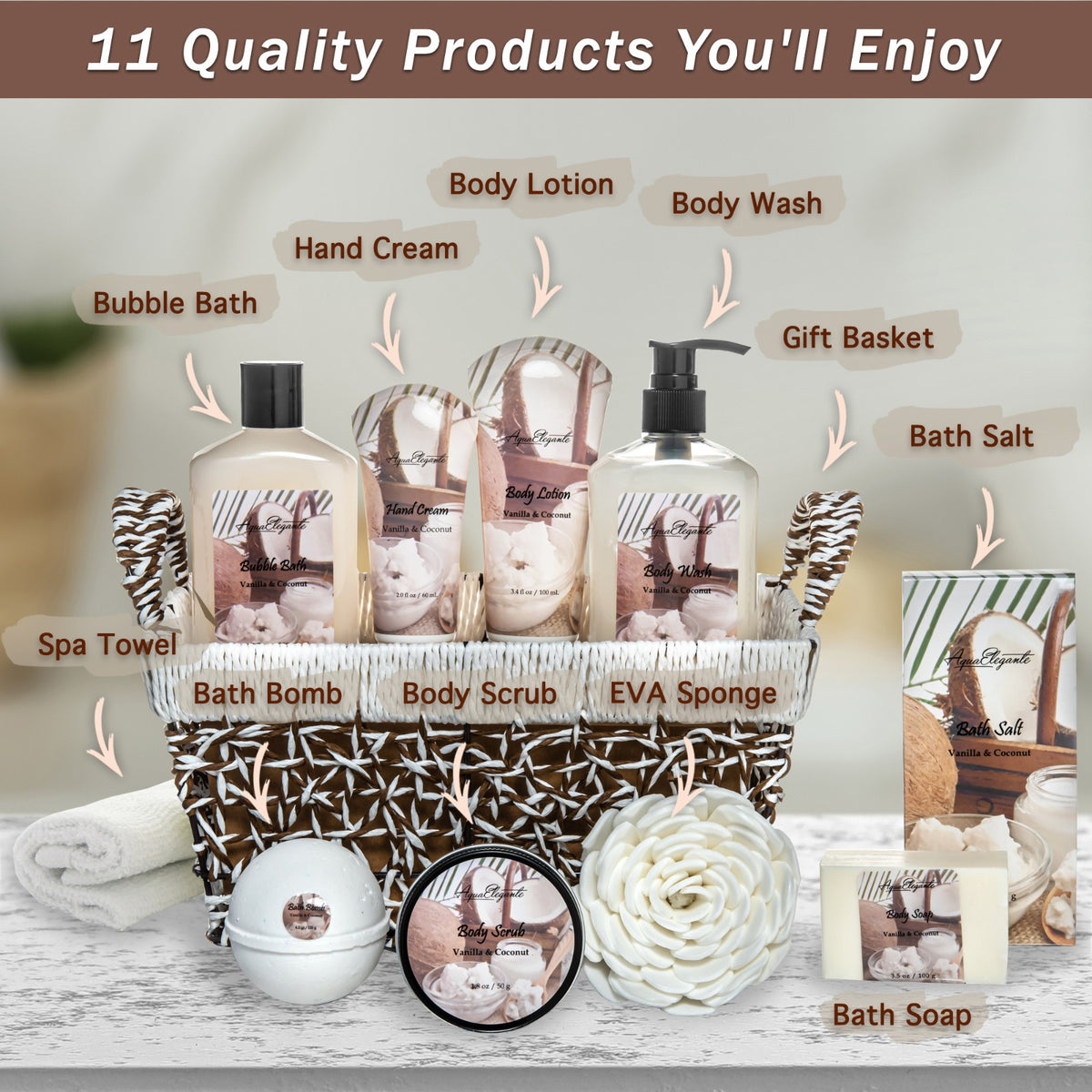 Luxury Spa Gift Basket for Women - Bath Set with Coconut & Vanilla