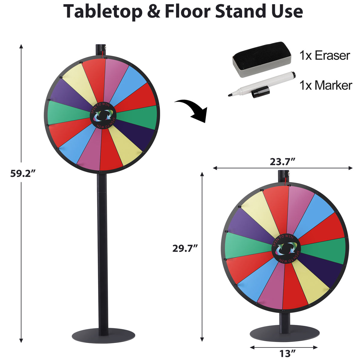 24-Inch Prize Wheel with 14 Customizable Slots & Dry Erase Markers - Floor Stand Spinning Game