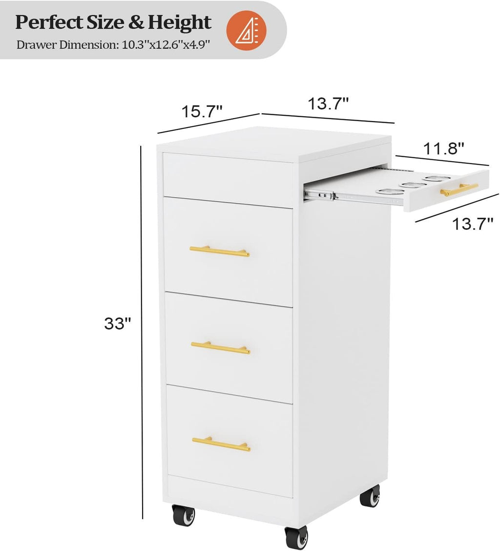 Salon Trolley Cart with Wheels - Wooden Hair Storage Cabinet with Drawers