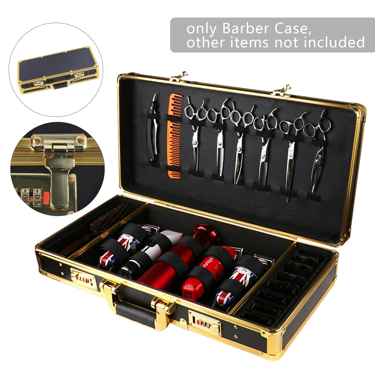 Large Barber Travel Case with Lock Gold Finish for Clippers & Tools