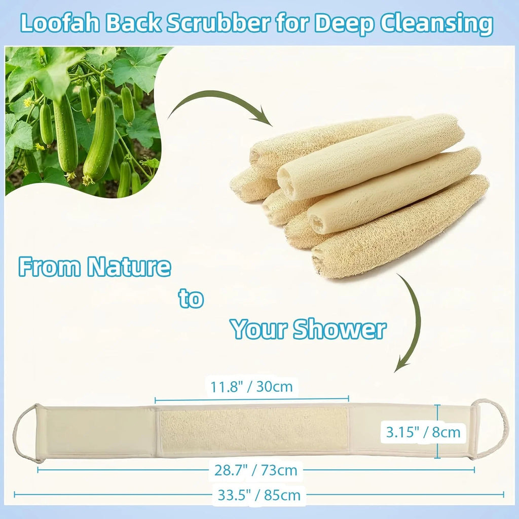 Long Natural Loofah Back Scrubber with Cotton Handles - Exfoliating Shower Body Wash