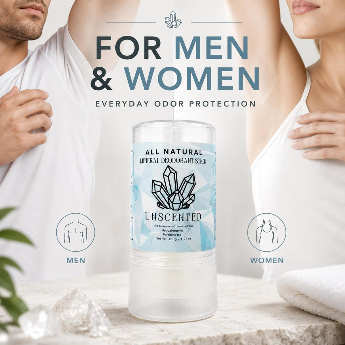 Natural Unscented Mineral Deodorant Stick - Paraben-Free, 24-Hour Odor Control
