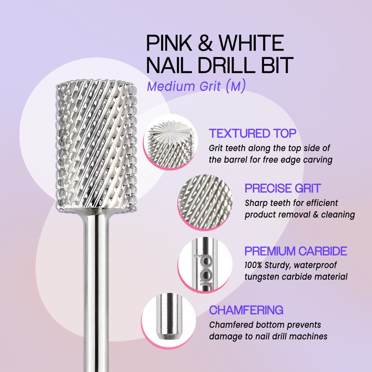 Pink & White Nail Drill Carbide Bit - 3/32 Inch Medium Grit, Durable Tungsten, Pana